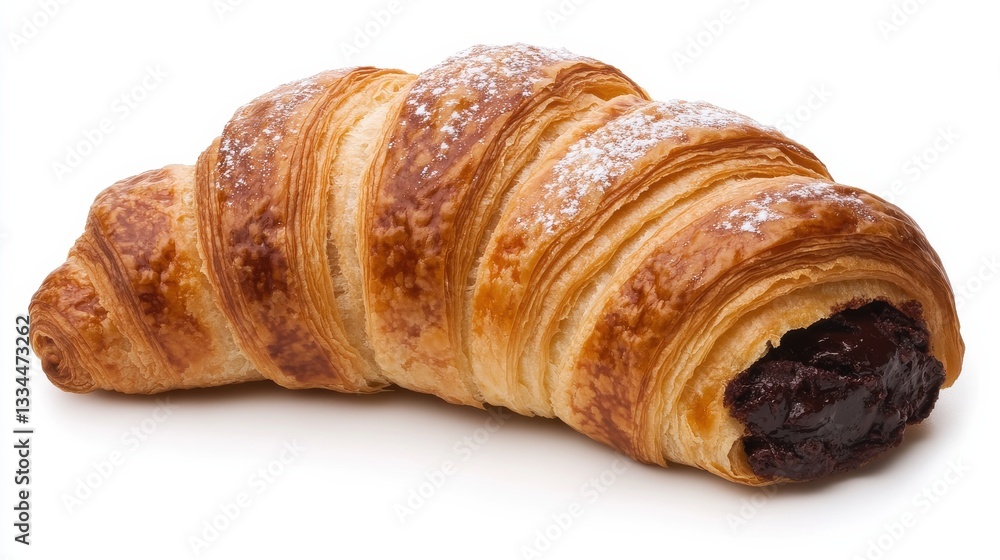 Flaky Croissant with Rich Chocolate Filling and Powdered Sugar Dusting on a Raw Background, Showcasing Layers of Delicious Pastry in High Resolution Flaky Croissant with Rich Chocolate Filling and Powdered Sugar Dusting on a Raw Background, Showcasing Layers of Delicious Pastry in High Resolution