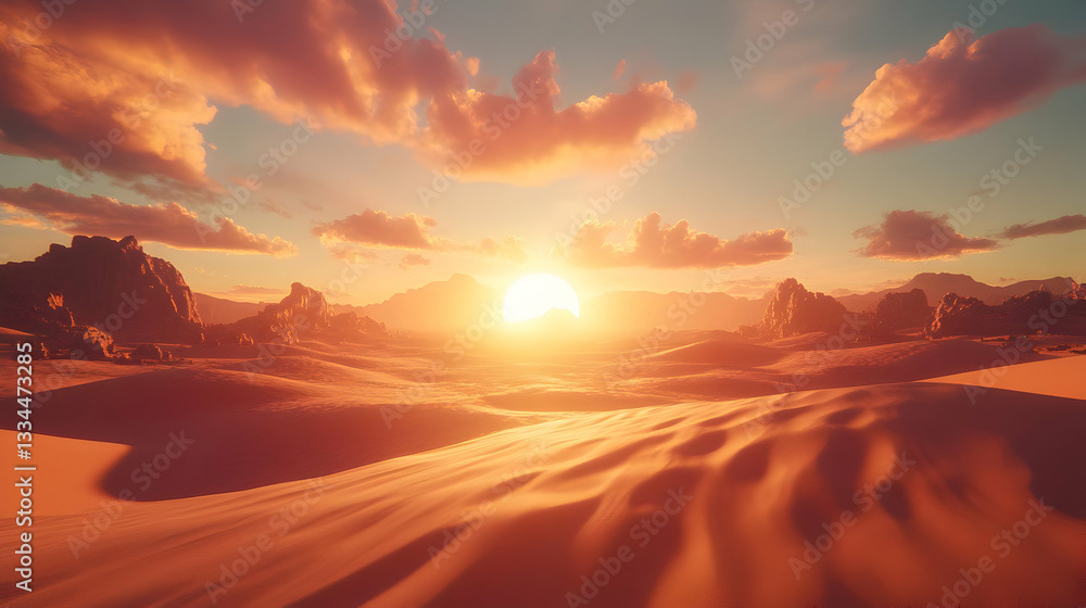 Voxel Desert Landscape at Sunset with Golden Light and Wavy Sand Dunes Under Cloudy Sky with Pixelated Mountain Terrain Voxel Desert Landscape at Sunset with Golden Light and Wavy Sand Dunes Under Cloudy Sky with Pixelated Mountain Terrain