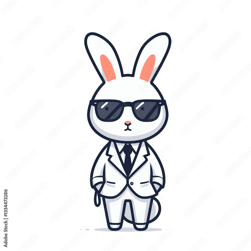Confident cartoon agent rabbit in white suit with sunglasses. Perfect for security service concepts, professional protection or executive lifestyle illustrations. Confident cartoon agent rabbit in white suit with sunglasses. Perfect for security service concepts, professional protection or executive lifestyle illustrations.