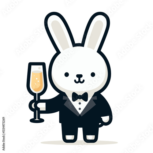 Elegant cartoon waiter rabbit in tuxedo holding champagne glass. Ideal for luxury hospitality services, formal dining events or upscale restaurant promotions.