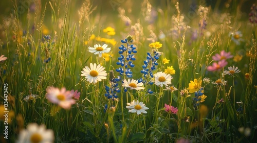 Sunset wildflowers meadow vibrant blooms photo