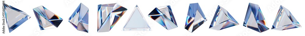 Set of 3d transparent glossy triangle with dispersion effect. Rainbow colors reflection glass. 3d glass triangle box with crystal dispersion effect. Abstract empty glassy square with prism holographic