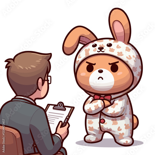 Rabbit in pajamas undergoing a job interview with a serious expression facing the interviewer