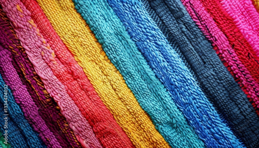Obraz premium Close-up of vibrant multicolored handwoven diagonal stripes showcasing rich texture in a textile, perfect for backgrounds and artistic designs