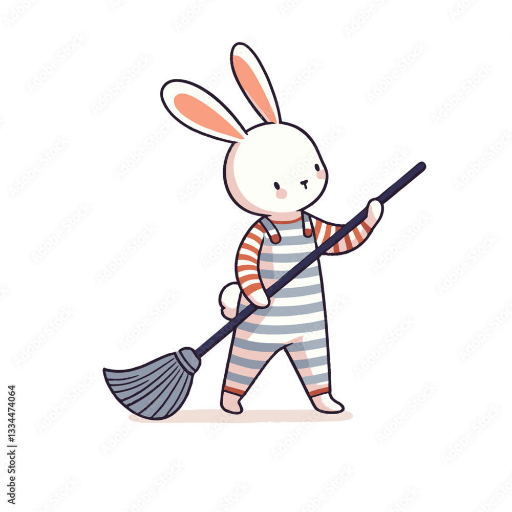 Fototapeta premium Janitor bunny in striped outfit with broom on transparent background. Vector illustration ideal for cleaning services, maintenance staff, or household chores conceptual designs.