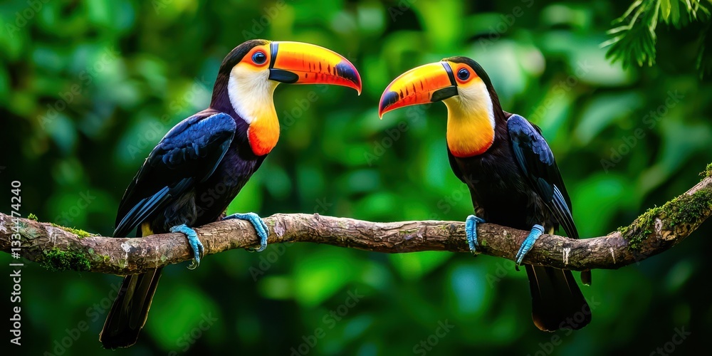 Fototapeta premium Two birds sitting on a branch, one is black and the other is yellow