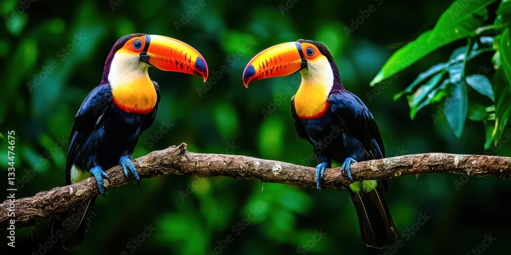 Obraz premium Two birds are perched on a branch, one of which is yellow