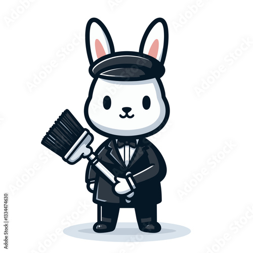 Funeral director bunny in black suit with brush. Vector illustration for memorial services and respectful ceremony concepts.