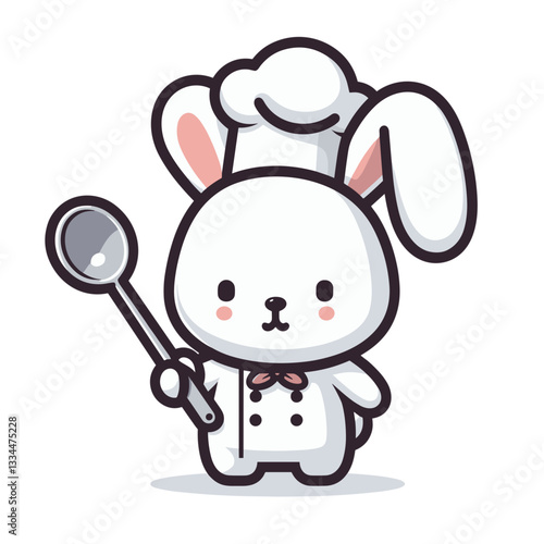 Adorable cartoon chef rabbit in white uniform holding ladle. Great for culinary education, cooking classes for children or recipe book illustrations.