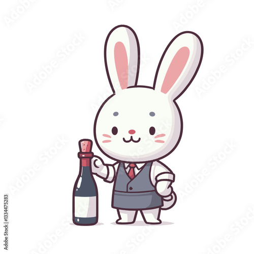 Sophisticated cartoon sommelier rabbit with wine bottle. Perfect for wine tasting events, beverage industry or upscale restaurant service illustrations.