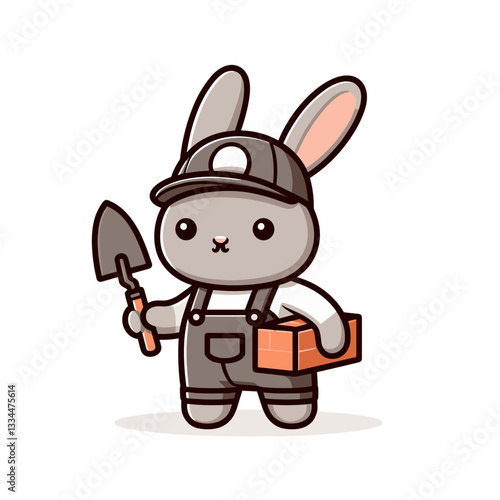 Cute cartoon bunny archaeologist with shovel and artifact box in work gear. Vector illustration perfect for historical exploration, excavation, or discovery concept designs.