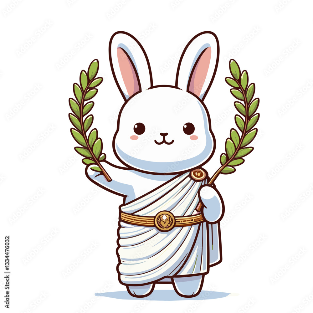 Obraz premium Roman bunny in white toga with laurel wreath on transparent background. Vector illustration perfect for classical themes, historical education, or ancient civilization conceptual designs.