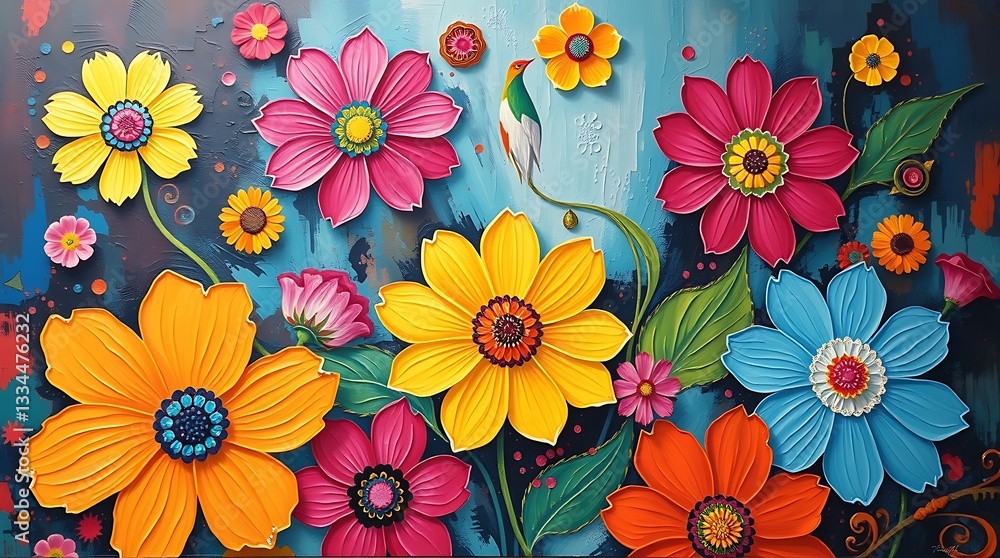 Vibrant 3D floral artwork with a bird. Vibrant 3D floral artwork with a bird.
