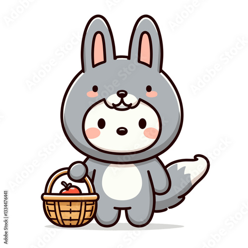 Child bunny in wolf costume with Easter basket. Vector illustration perfect for Halloween crossover, costume play, and festive celebration themes.