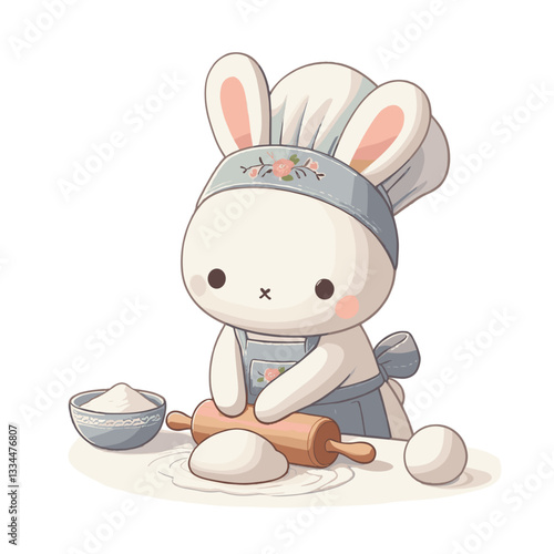 Baker bunny with chef hat kneading dough. Vector illustration for bakery business and artisanal bread making.