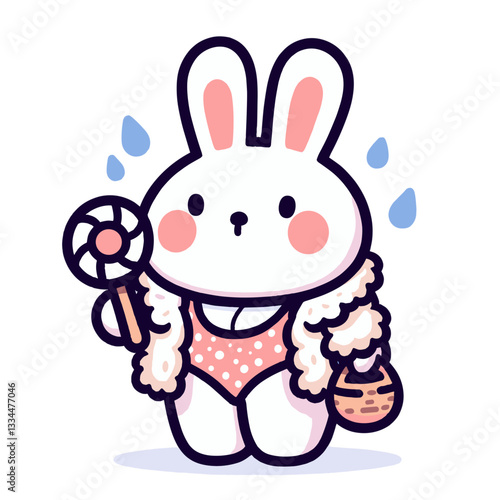Rabbit in a fur coat and swimsuit holding a fan with a hot and sweaty expression on a transparent background