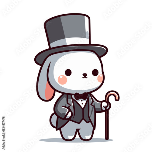 Sophisticated cartoon aristocrat rabbit in formal suit with walking cane. Ideal for historical themes, noble character designs or vintage fashion illustrations.