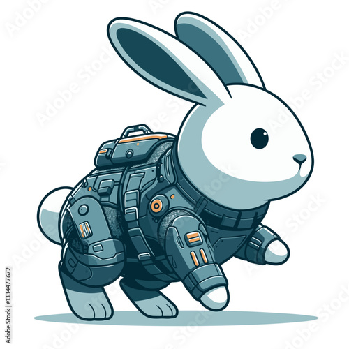 Military cartoon scout rabbit with tactical backpack in blue camouflage. Ideal for adventure expeditions, survival gear concepts or tactical equipment illustrations.