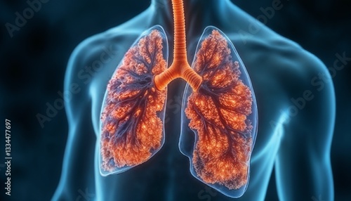 A digital representation of the human lungs, showing their structure and highlighting the bronchial tubes and alveoli in orange. This is a scientific illustration that visualizes the pulmonary system.
