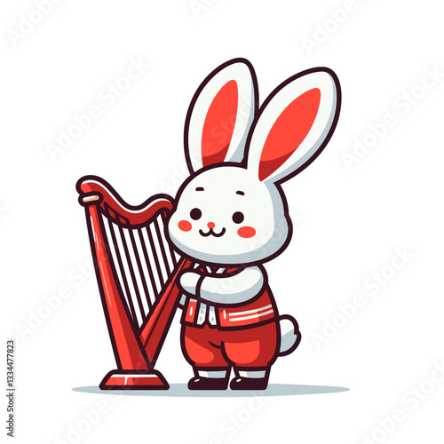 Cartoon bunny harpist in red outfit with classical harp. Vector illustration ideal for musical performances, orchestral instruments, or classical music concept designs.