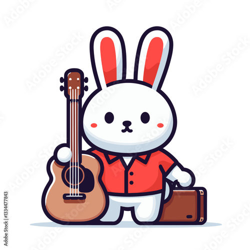 Cute cartoon bunny traveling musician with guitar and suitcase in red shirt. Vector illustration perfect for music tours, artist journeys, or entertainment industry concept designs.