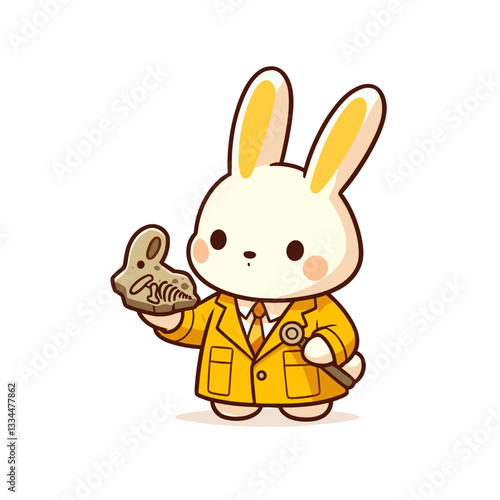 Cartoon bunny archaeologist in yellow jacket examining ancient artifact. Vector illustration ideal for historical discovery, museum research, or educational expedition concept designs.