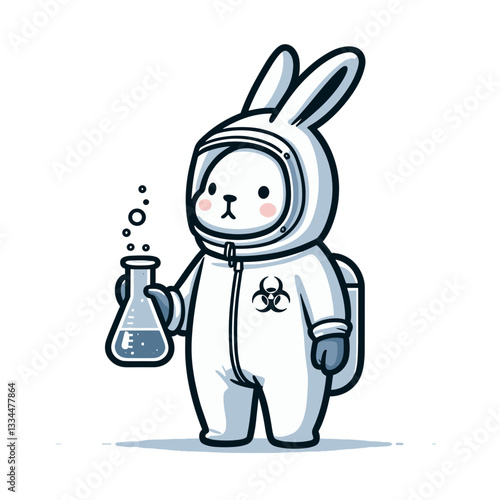 Cute cartoon bunny scientist in hazmat suit holding chemical flask. Vector illustration perfect for laboratory research, biohazard safety, or scientific experiment concept designs.