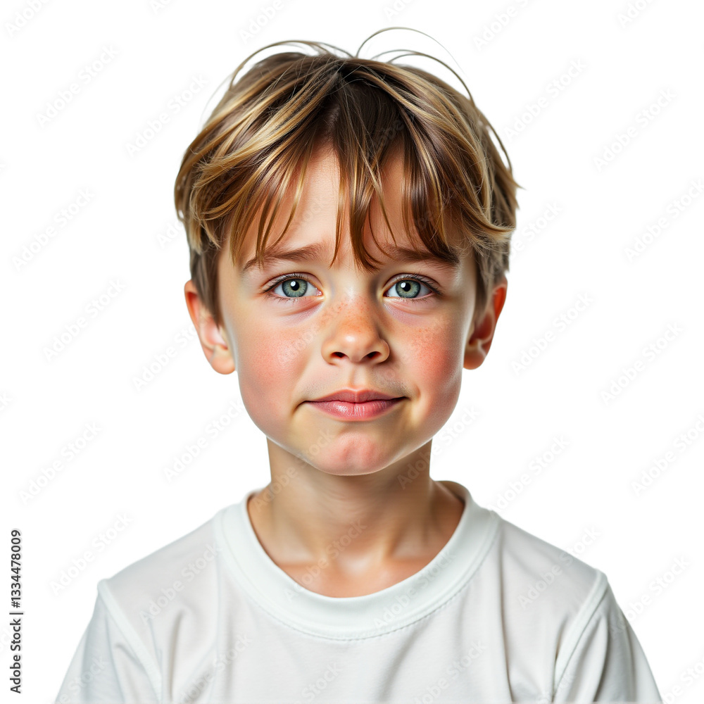 Sad, vulnerable boy portrait. Innocent child with blue eyes, light brown hair. Realistic close-up. Isolated on transparent background. Use for emotional themes, childhood, sadness, empathy. Sad, vulnerable boy portrait. Innocent child with blue eyes, light brown hair. Realistic close-up. Isolated on transparent background. Use for emotional themes, childhood, sadness, empathy.