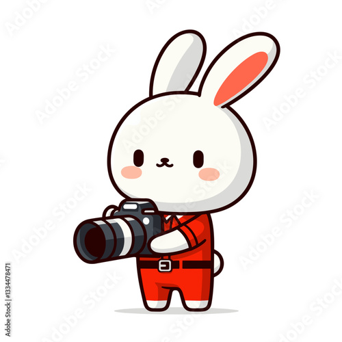 Photographer bunny with camera in red coveralls. Vector illustration ideal for creative professionals, photo studios, and visual arts concepts.