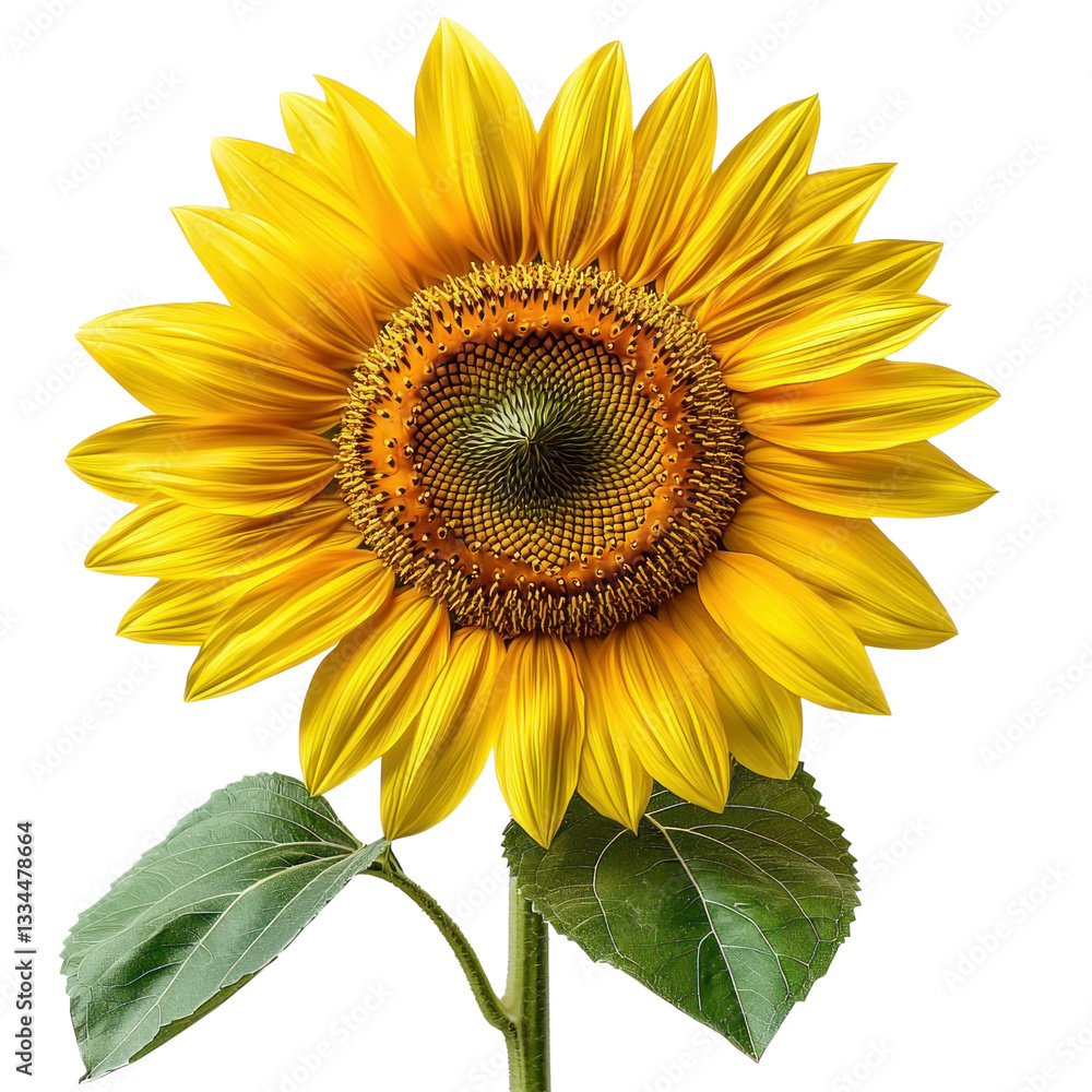 Fototapeta premium Vibrant yellow sunflower blossom with green leaves isolated transparent background