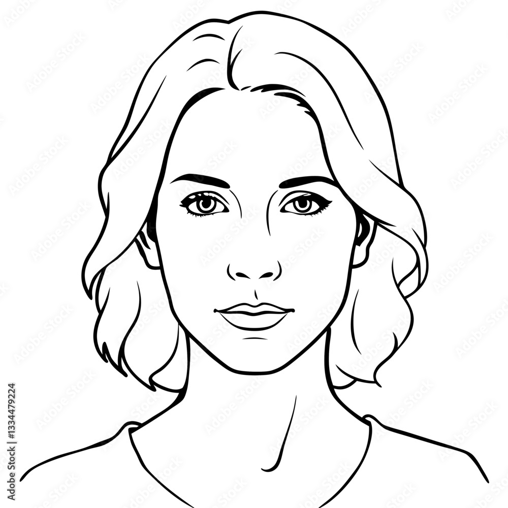 a detailed outline portrait of a woman, featuring a clean line style with a neutral expression and symmetrical facial features a detailed outline portrait of a woman, featuring a clean line style with a neutral expression and symmetrical facial features