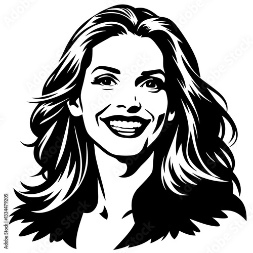 a smiling woman with long wavy hair, rendered in a monochrome style, radiating happiness and confidence vector illustration