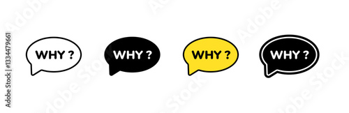 Four speech bubbles with the word why in varying colors and styles emphasize curiosity.