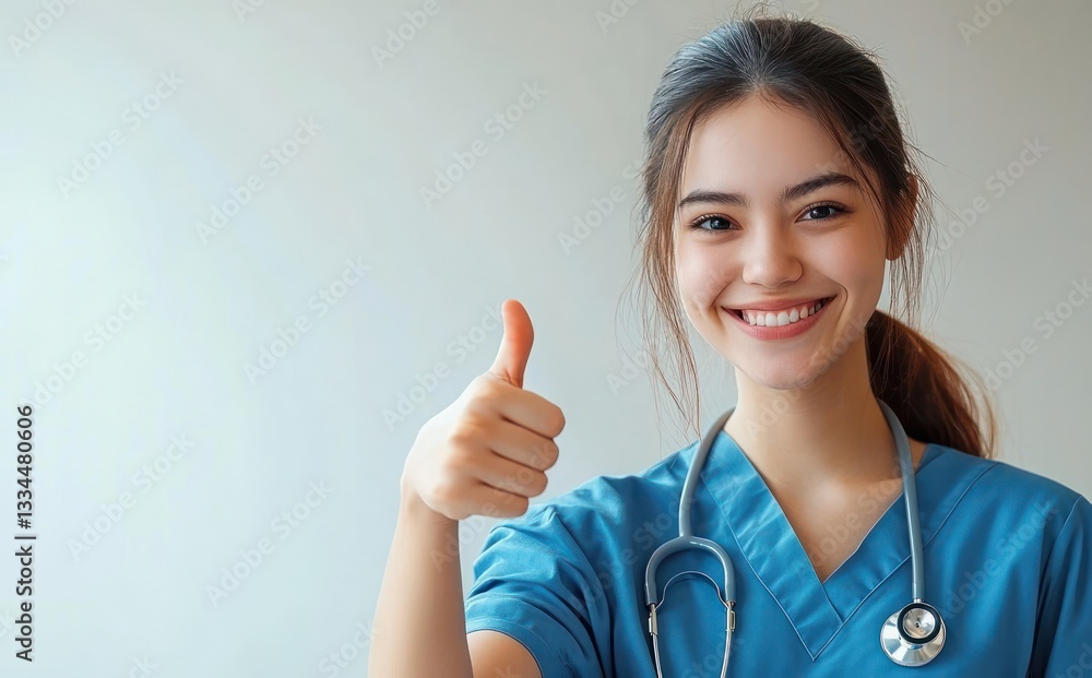 Cheerful Nurse Giving Thumbs Up Gesture in Clean Professional Medical Setting Cheerful Nurse Giving Thumbs Up Gesture in Clean Professional Medical Setting