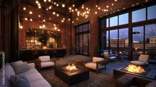 Luxurious Rooftop Lounge with Fire Pits and City Views at Dusk