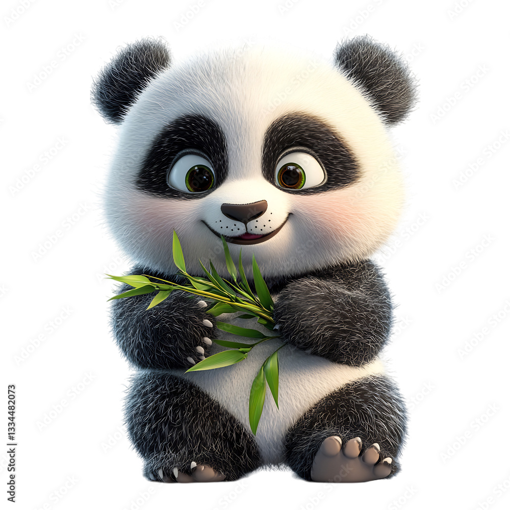 A Fluffy 3D Cartoon Panda Cub Holding Bamboo Isolated on Transparent Background A Fluffy 3D Cartoon Panda Cub Holding Bamboo Isolated on Transparent Background
