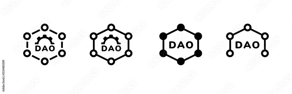 Four distinct black dao logos feature hexagonal and circular elements, representing modern simplicity. Four distinct black dao logos feature hexagonal and circular elements, representing modern simplicity.