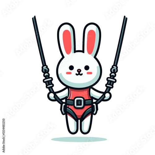Daring cartoon trapeze artist rabbit in red outfit holding ropes. Ideal for circus performances, acrobatic shows or aerial arts entertainment illustrations.