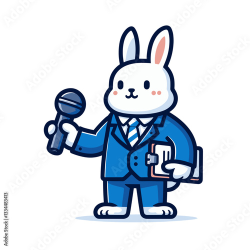 Professional cartoon reporter rabbit in blue suit with microphone and clipboard. Great for news media, journalism or broadcast interview illustrations.