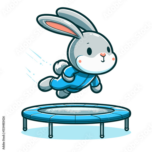 Energetic cartoon gymnast rabbit in blue outfit jumping on trampoline. Great for gymnastics sports, fitness activities or athletic training illustrations for children.