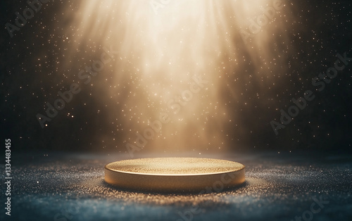 Golden podium with spotlight and glitter particles, product display stage, presentation platform, award ceremony backdrop.