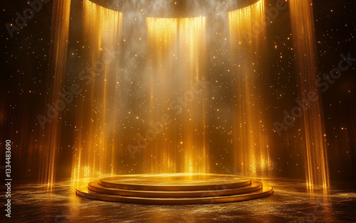 Golden Stage with Light Beams and Glittering Particles for Product Presentation or Awards Ceremony.
