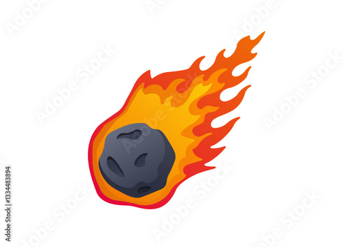 A dark meteor with bright orange flames trailing behind as it flies rapidly through the air.