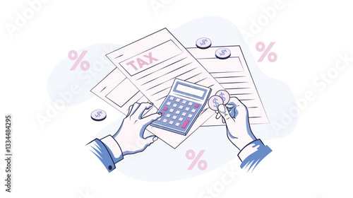 illustration of hand pressing calculator to calculate fees and taxes to be paid, background of paper form and some coins. Tax day concept illustration.