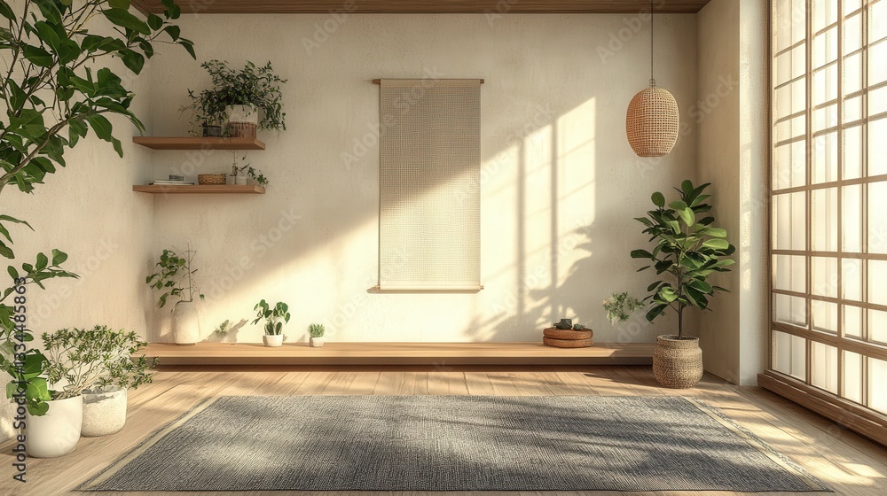Serene 3D room with warm wood tones, natural light, and lush greenery. A tranquil, minimalist space Serene 3D room with warm wood tones, natural light, and lush greenery. A tranquil, minimalist space