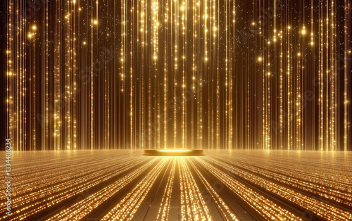 Golden Stage with Glittering Light Rain and Platform for Product Display or Presentation