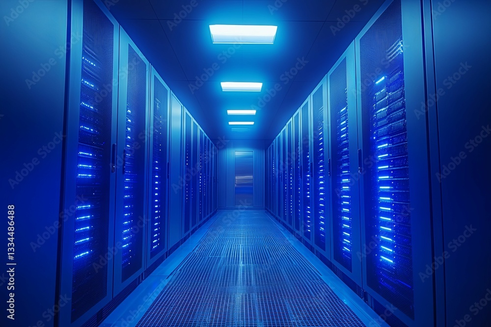 A long hallway featuring rows of data server racks brightly lit A long hallway featuring rows of data server racks brightly lit