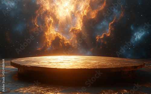 Round Platform with Nebula Background, Space Scene, Cosmic Display, Product Showcase, Abstract Backdrop