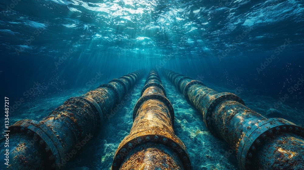 Underwater Pipeline Stretching Across Ocean Floor Underwater Pipeline Stretching Across Ocean Floor