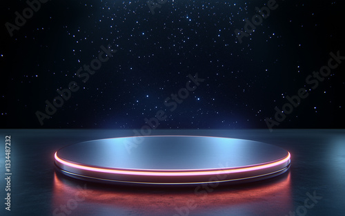 Round Stage Platform with Neon Light Against Starry Sky Background for Product Display